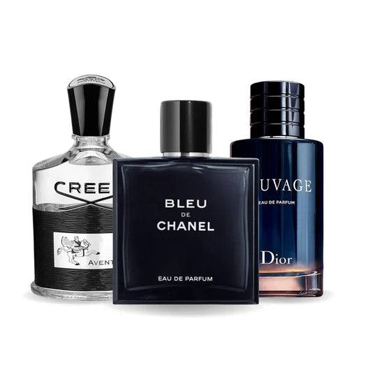 Pack of 3 Perfumes: Creed AVENTUS, Bleu de Chanel, and Dior SAUVAGE – 100 ml each