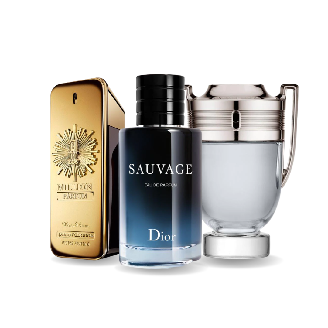 Pack of 3 Perfumes: Paco Rabanne ONE MILLION, Dior SAUVAGE, and Paco Rabanne INVICTUS (Eau de Parfum)