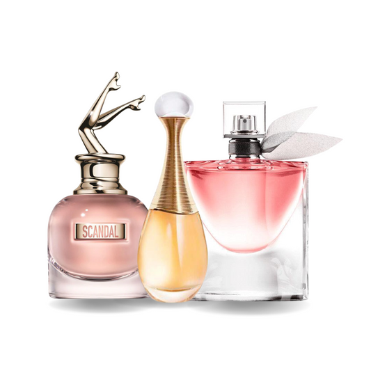Pack of 3 Perfumes: Jean Paul Gaultier SCANDAL, Dior J'ADORE, and Lancôme LA VIE EST BELLE (Eau de Parfum)