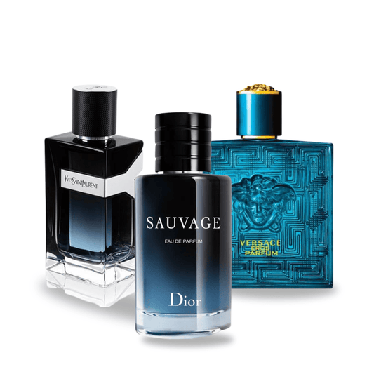 Pack of 3 Perfumes: Dior SAUVAGE, Yves Saint Laurent Y MEN, and Versace EROS
