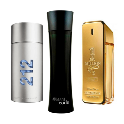 Pack of 3 Perfumes: 212 Men NYC, Paco Rabanne One Million, Armani Code Homme (Eau de Parfum)