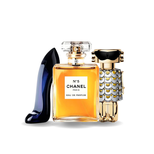 Pack of 3 Perfumes: Carolina Herrera GOOD GIRL, Chanel Nº5, and Paco Rabanne FAME (Eau de Parfum)