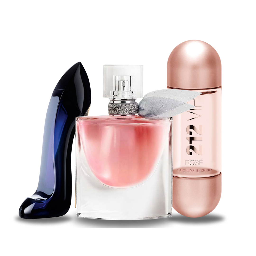 Pack of 3 Perfumes: Carolina Herrera GOOD GIRL, Lancôme LA VIE EST BELLE, and Carolina Herrera 212 VIP ROSÉ (Eau de Parfum)